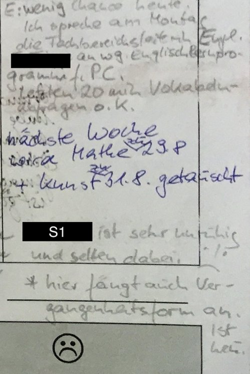 Auszug aus einem  Hausaufgabenheft von Schüler 1